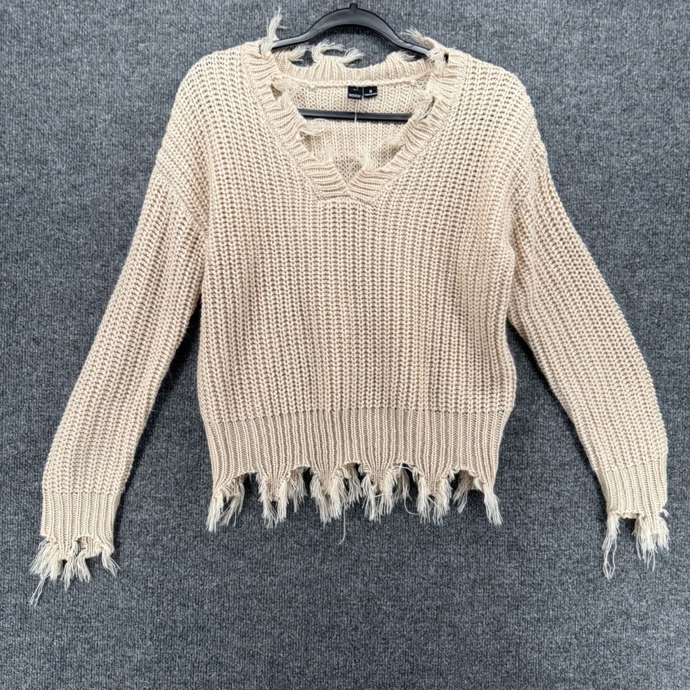Windsor Sweater Womens M Beige V-Neck Cropped Distressed Fringe Hem Fairy Grunge